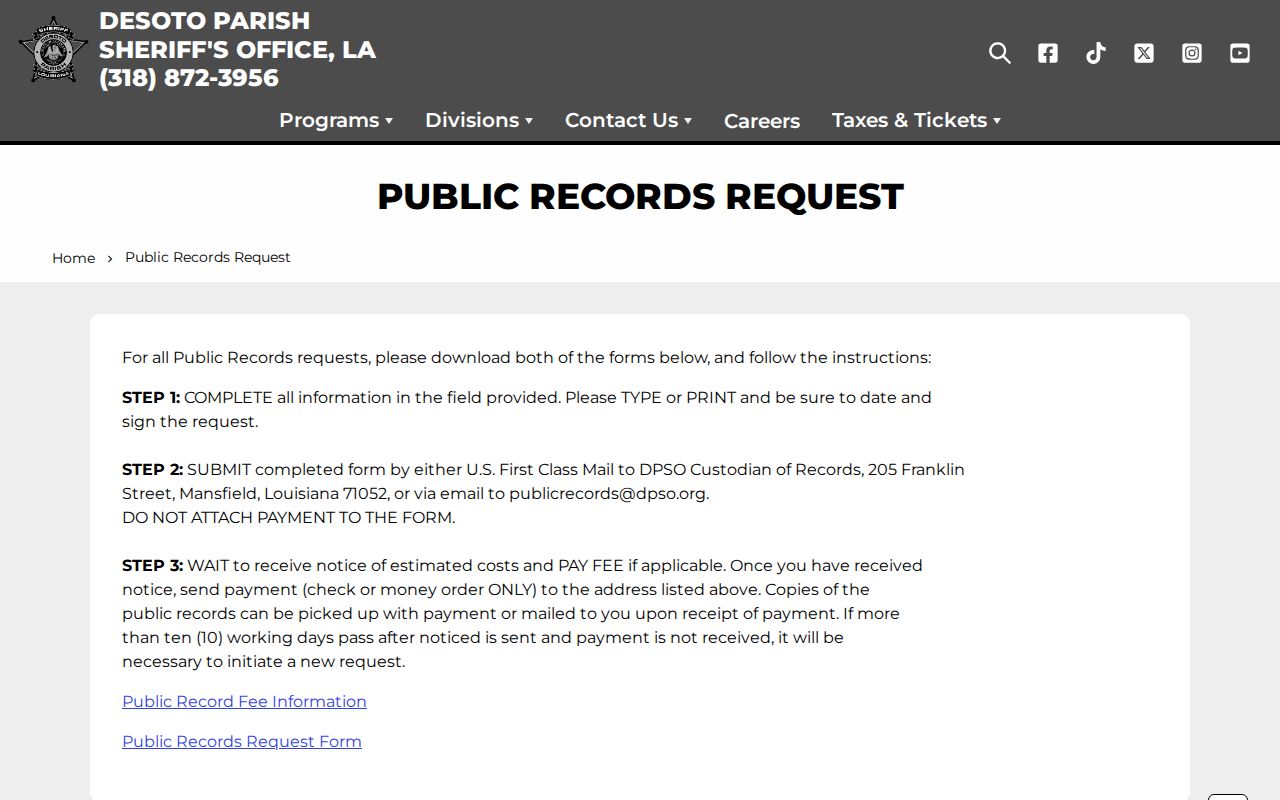 DeSoto Parish arrest record request portal