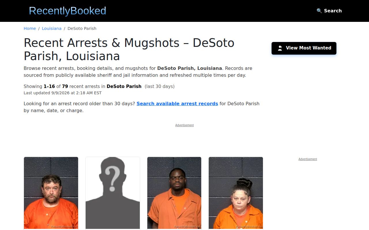 Unofficial DeSoto Parish recent arrests source comparison