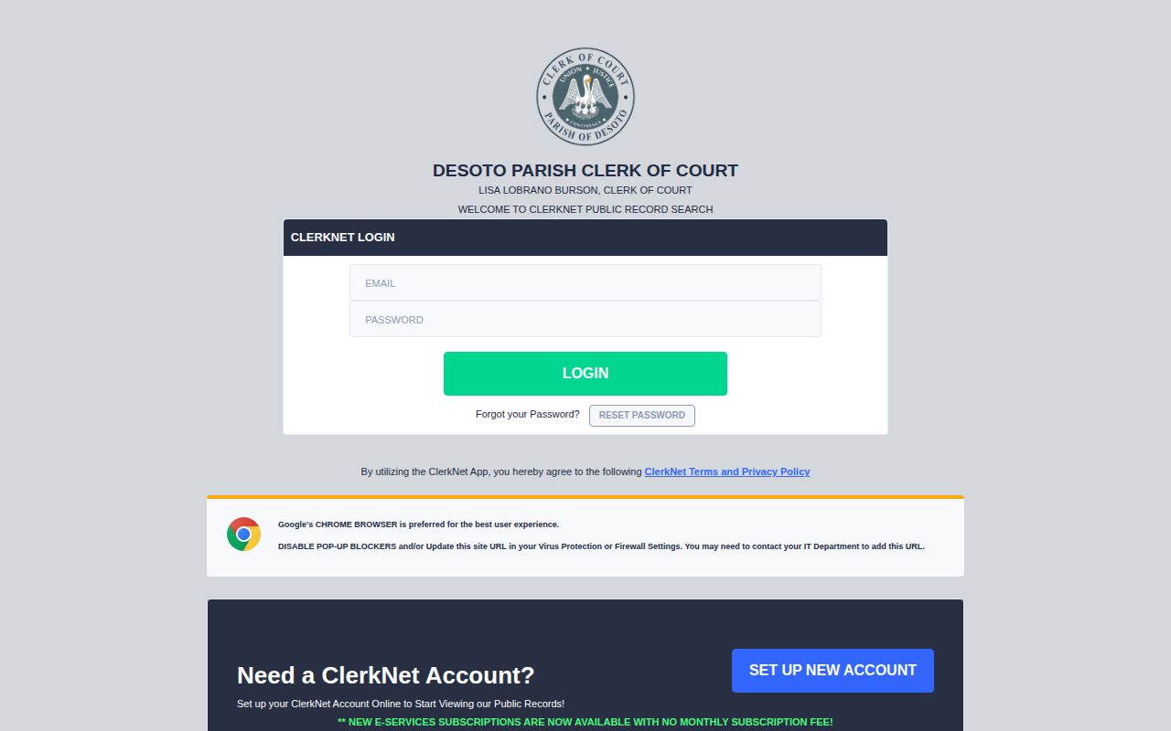 DeSoto Parish arrest court record search in ClerkNet