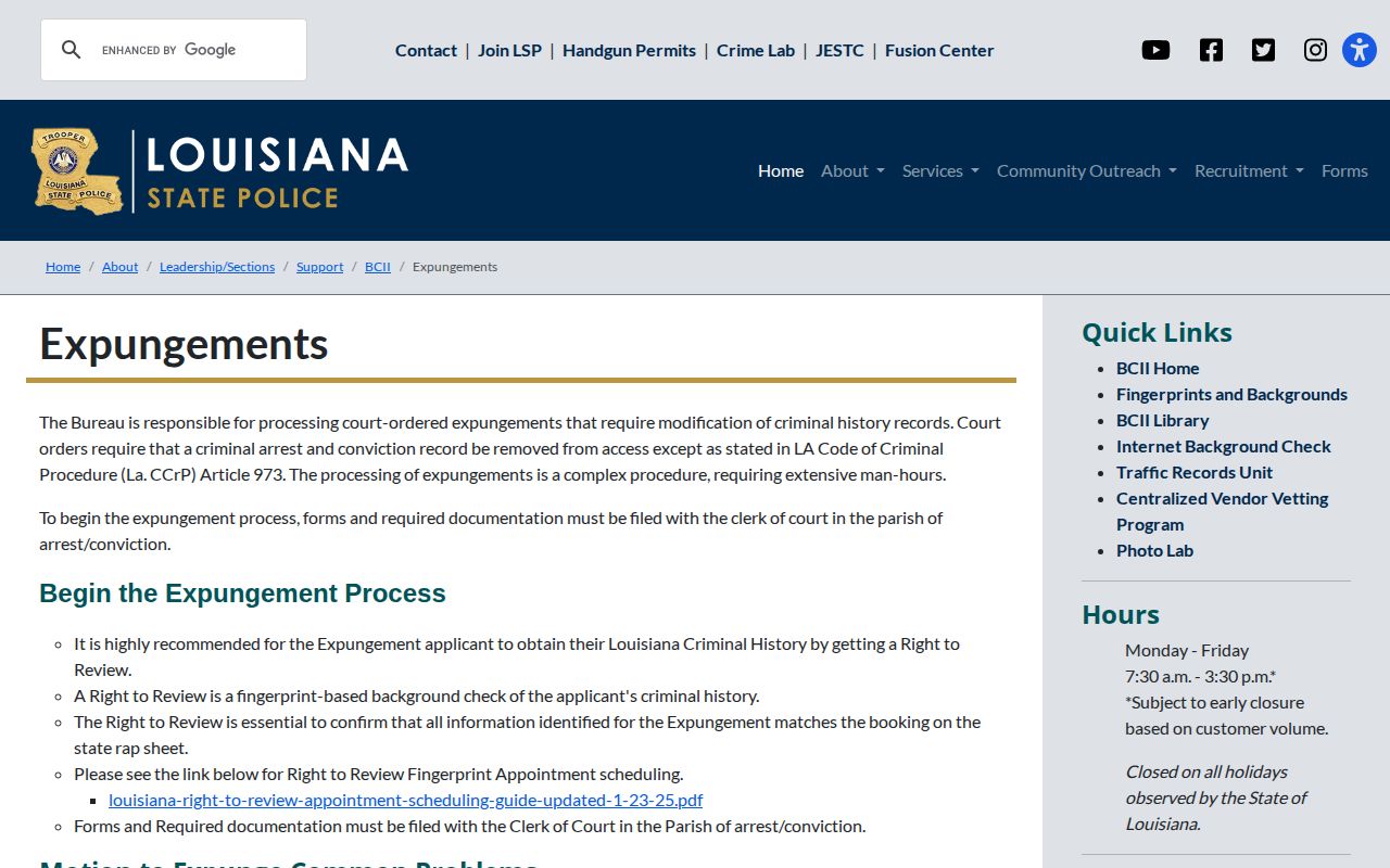 Louisiana expungement guidance for DeSoto Parish arrest records