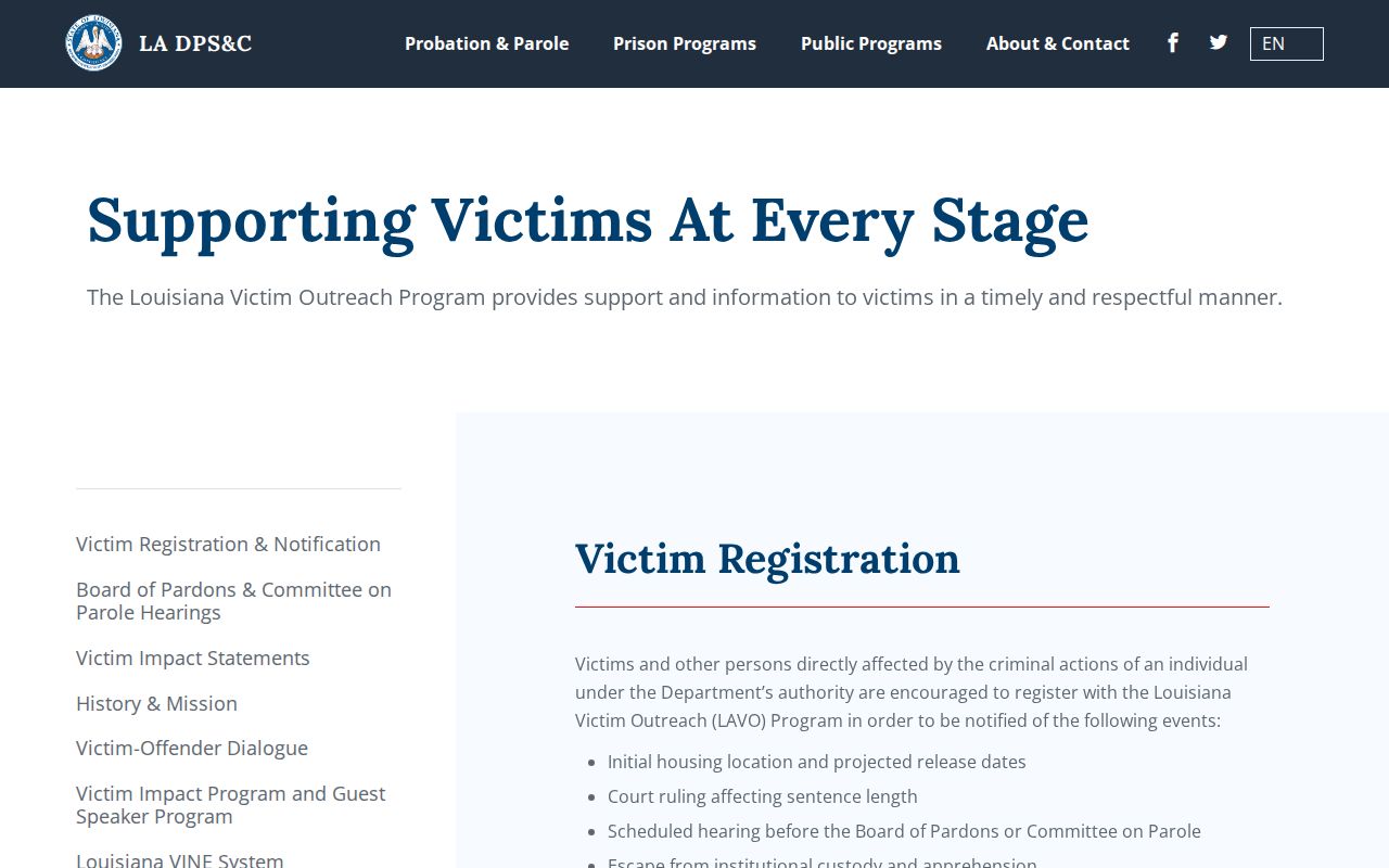 Louisiana DOC victim services and LA VINE information page