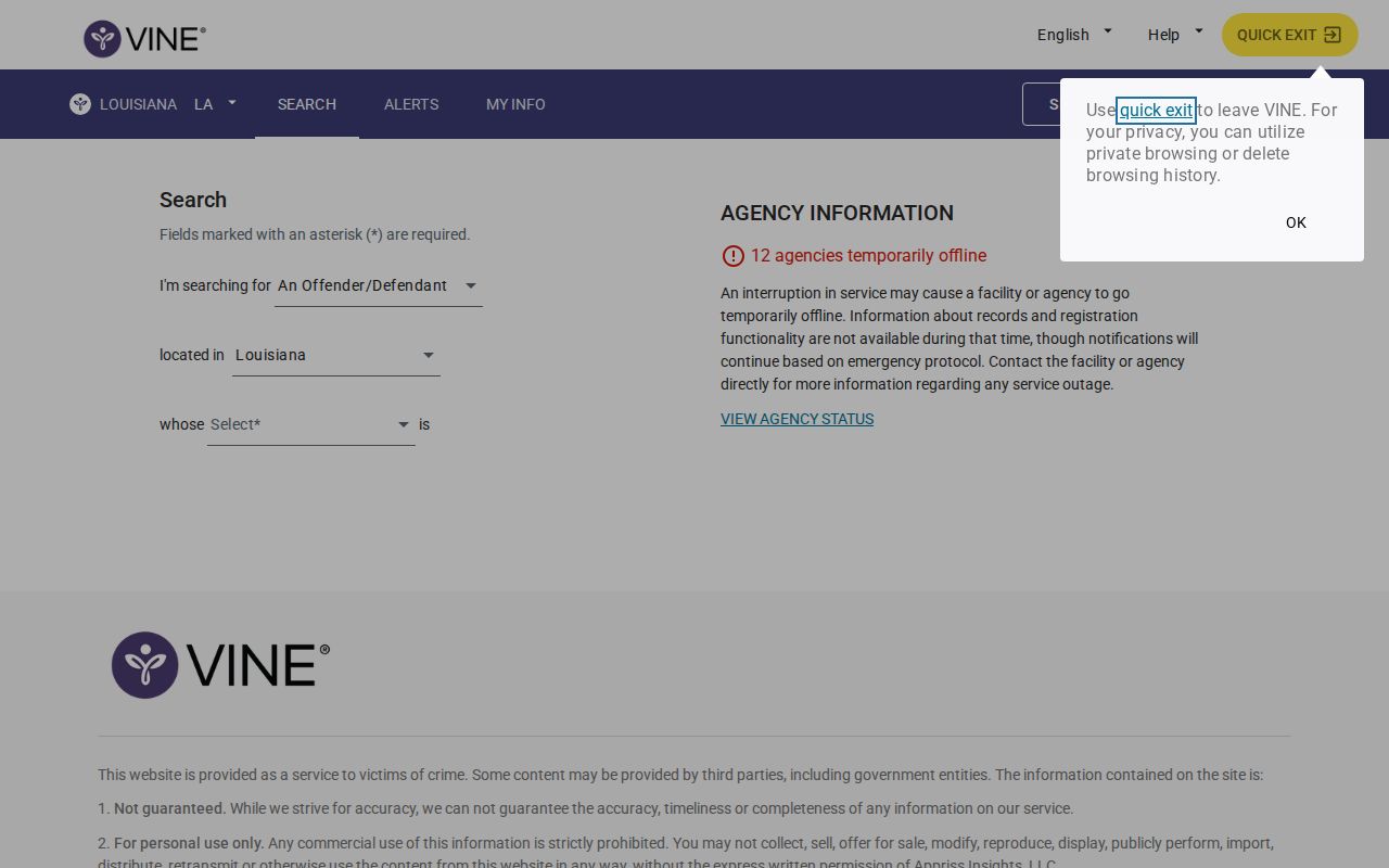 Louisiana VINELink person search screen