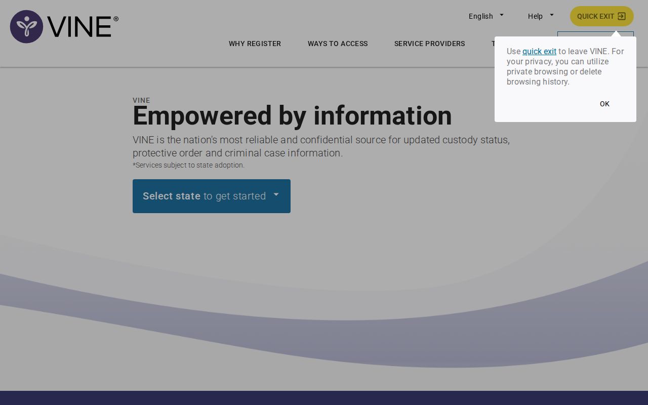 VINELink home and notification entry screen
